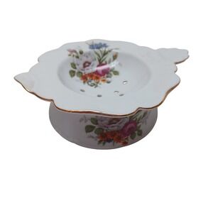 Norcrest Japan Floral Porcelain Tea Strainer with Drip Bowl‎ Gold Trim Vintage